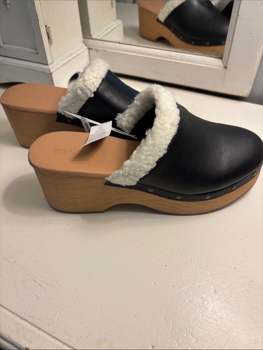 Old Navy Black Faux-Leather Clog Mules with White Faux-Shearling Trim